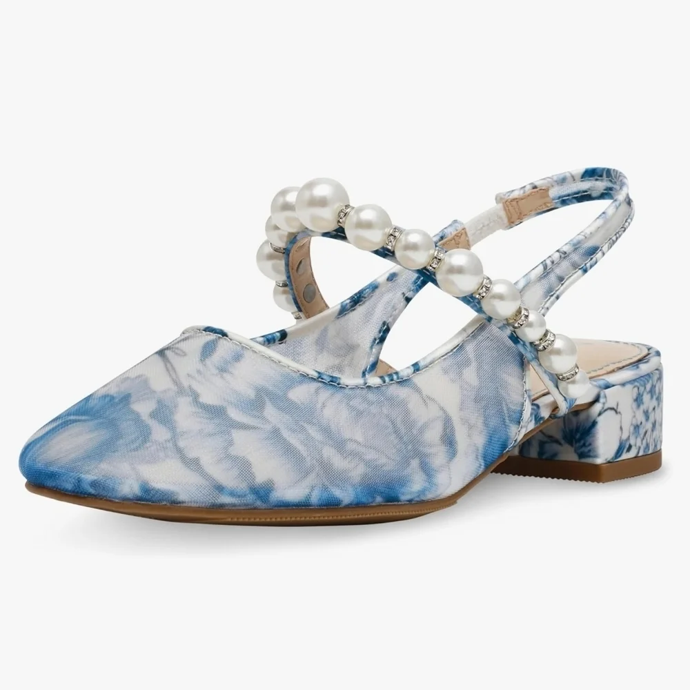 NWT Betsey Johnson Blue Marble Pearl-Strap Slingback Flats - Picture 7 of 8